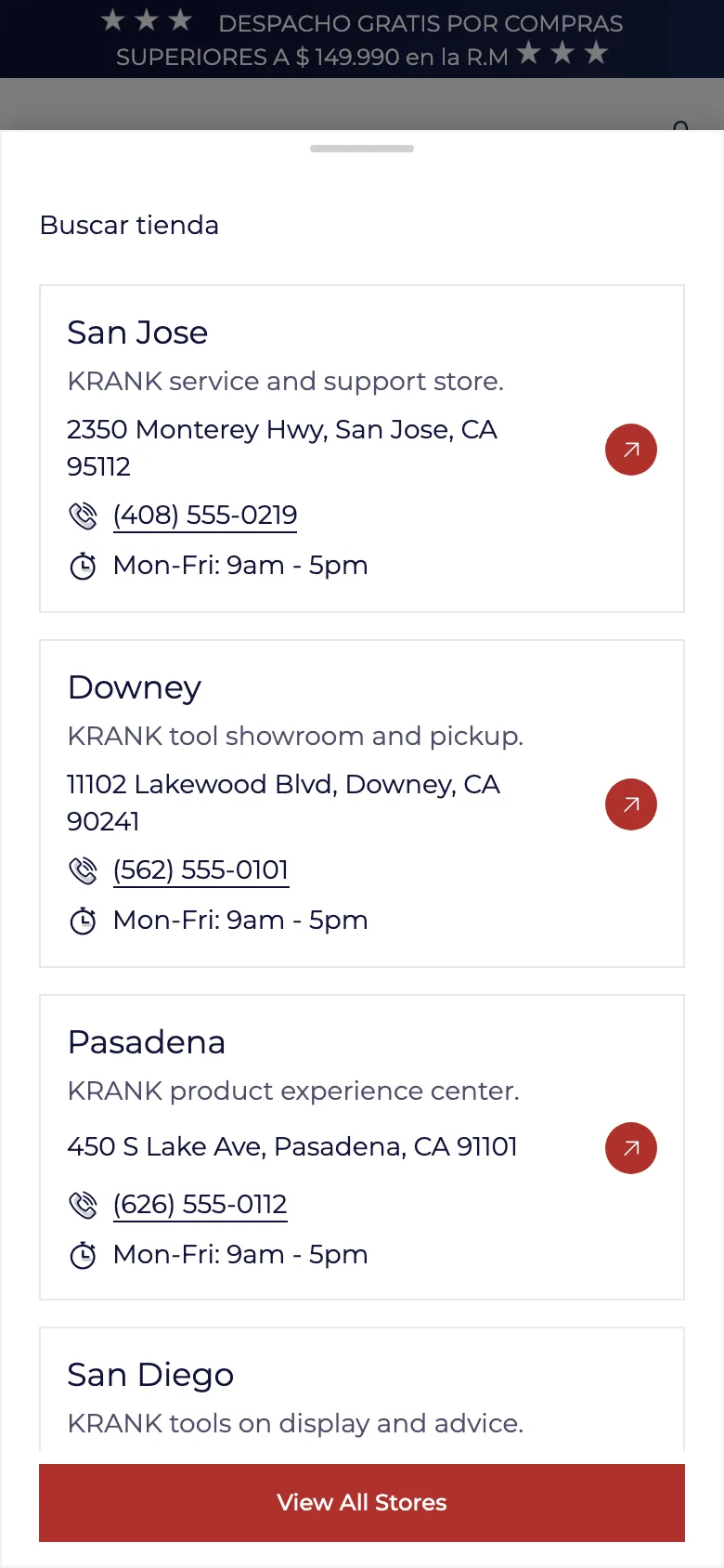 Cajón de tiendas con direcciones de California